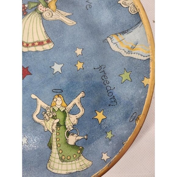 Vintage Unique Angel Peace Love Cherish Freedom Decorative Plate Round Gold Trim - Picture 2 of 7